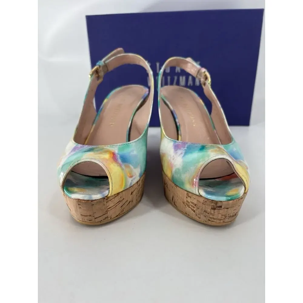 Stuart Weitzman Jean Slingback Wedges Sandals 5.5 Multicolor Patent Leather Peep
